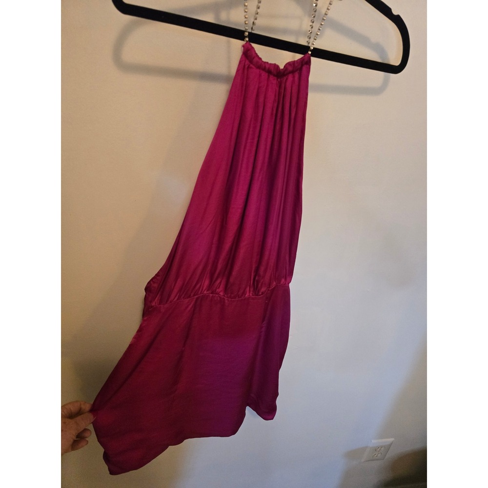 Olivaceous Magenta Pink Halter Mini Dress Rhinestone Chain Strap Open Back M
